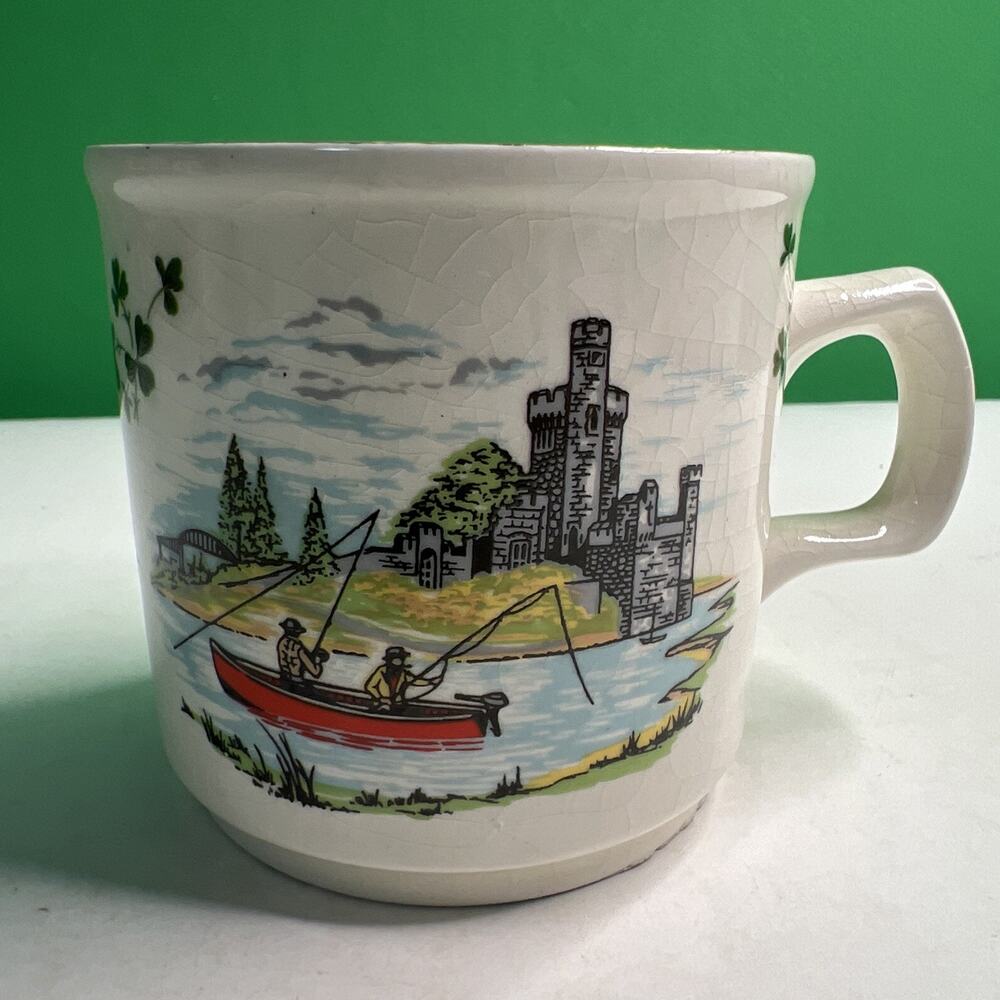 Vtg Carrigaline Pottery Irish Mug Cork Ireland Fisherman Scene Cup Crack Crazing